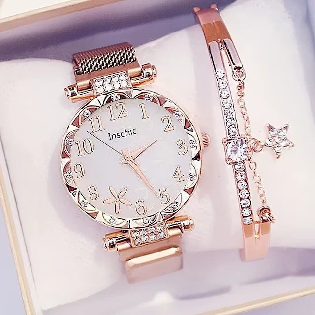 Women's Rhinestone Belt Quartz Watch Bracelet Set