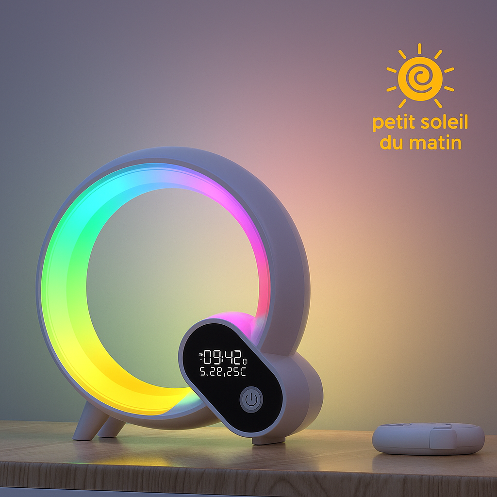 Petit Soleil du Matin – Réveil Enfant Magique, Lumière d’Aube Naturelle, Veilleuse Multicolore & Musique Douce en Bluetooth